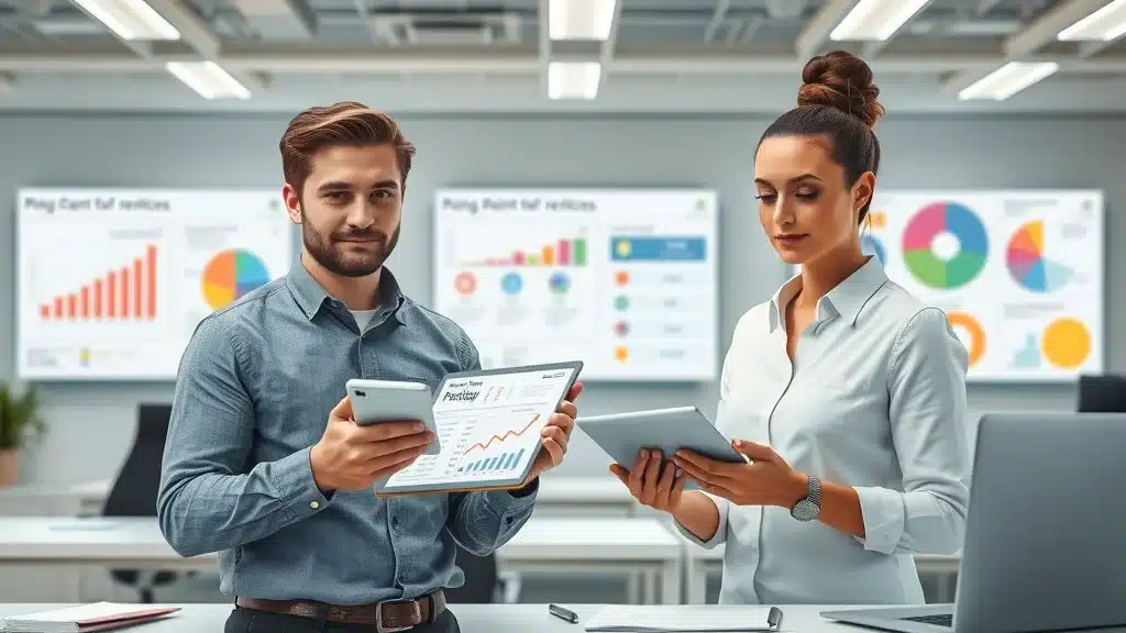 Workspace with two people comparing painting company reviews Columbia SC and customer review data on tablets.