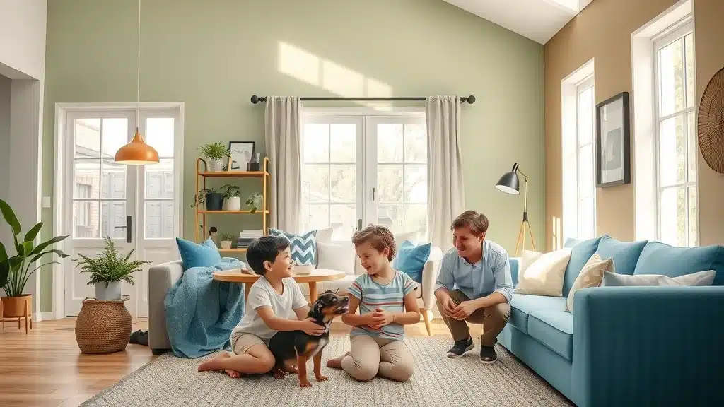 Eco-friendly painting Columbia SC: happy family enjoying newly painted green-blue walls in a sunlit, modern living space.