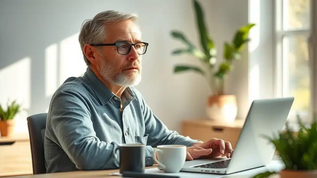Homeowner researching painting company reviews Columbia SC in a modern home office with natural sunlight.
