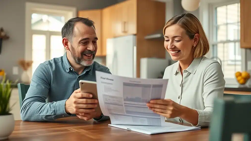 Homeowner discussing free house painting estimate with estimator in sunny Columbia kitchen, reviewing checklist and digital tablet
