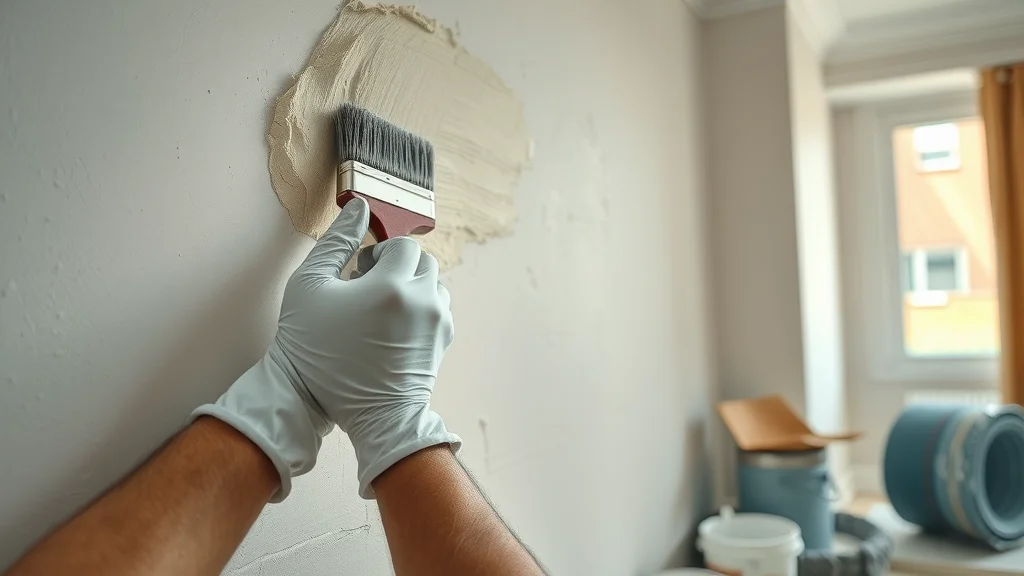Detailed closeup wall repair interior painting Columbia SC professional plaster glove brush strokes residential home