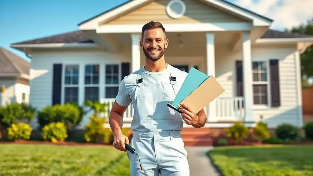 Professional painter in Columbia SC holding color swatches and paint roller - painting company credentials