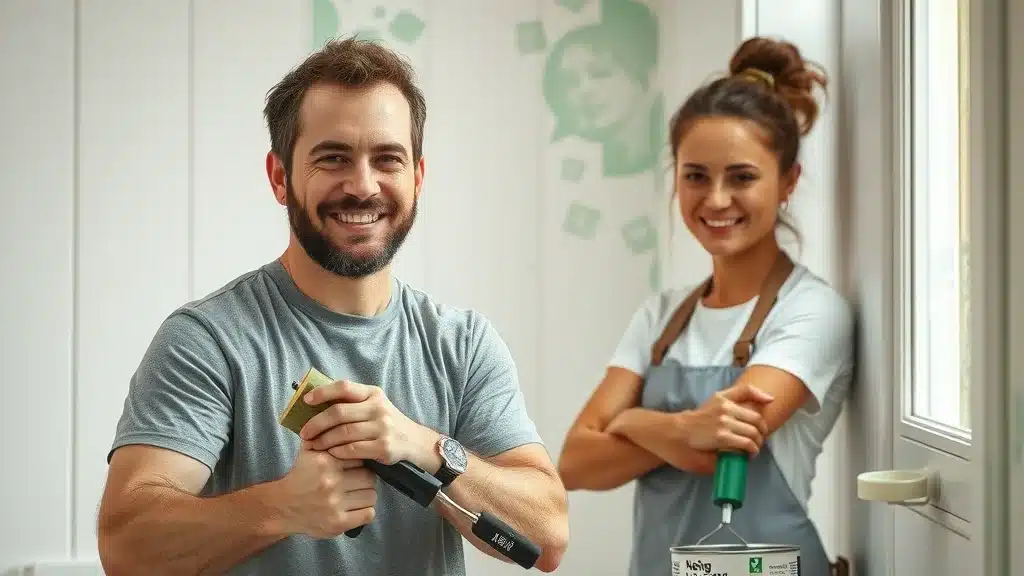 Eco-friendly painting Columbia SC: professional painters setting up with recycled drop cloths, eco-cans, and prepping walls inside a Columbia SC home.
