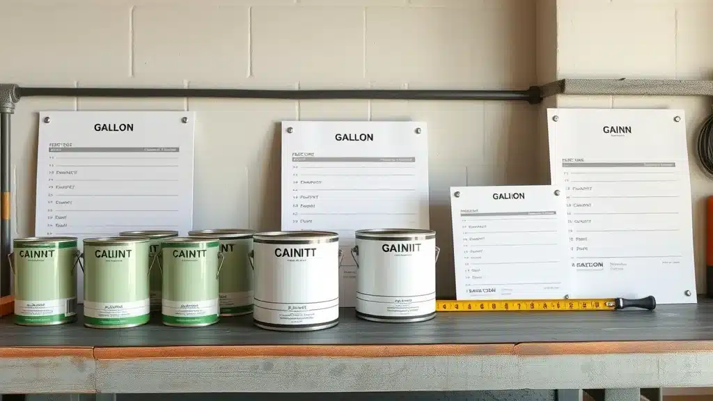 Paint cans and measurement charts organized for calculating paint quantity for a 2000 sq ft Columbia house