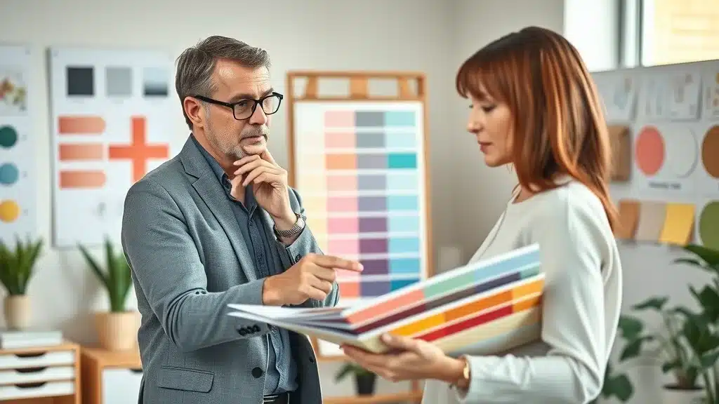 Design consultant and client considering paint color options in Columbia, focusing on color swatches and palette selection.