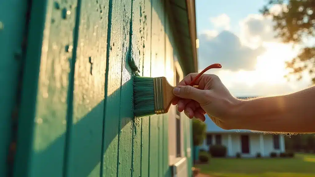 Vibrant painted home exterior in Columbia SC being protected by quality exterior paint against weather conditions, with visible sun and rain elements