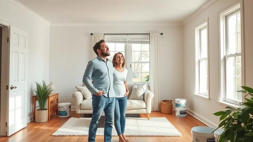 Inviting living room after paint color consultation Columbia—happy couple admiring newly painted walls with natural light.