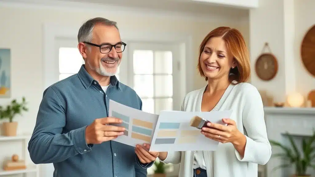 Satisfied Columbia homeowner with paint consultant, together reviewing final color selections for house painting.