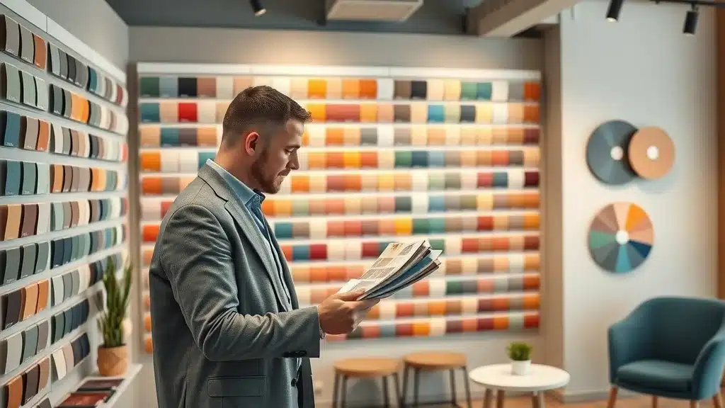 Paint color consultant in Columbia selecting trendy paint colors for clients from organized swatch wall.