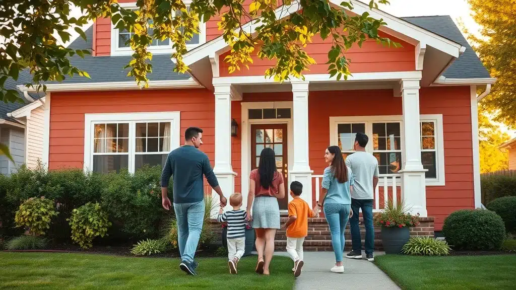 Modern Columbia home exterior after professional paint color consultation with family admiring the new paint.