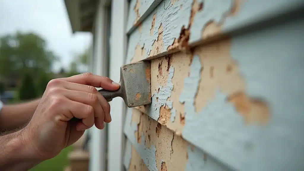 Detailed closeup of Columbia SC home exterior inspection for cracks and wood rot prior to painting, showcasing siding repair and prevention
