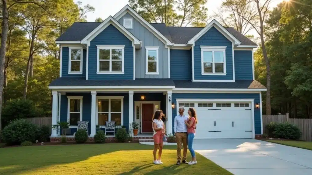 Modernized home exteriors in Columbia SC with bold navy blue, grey, and white trim, contemporary garden, and joyful family admiring new paint job