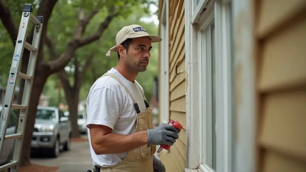 Professional painters prepping a historic Columbia SC home for exterior painting service