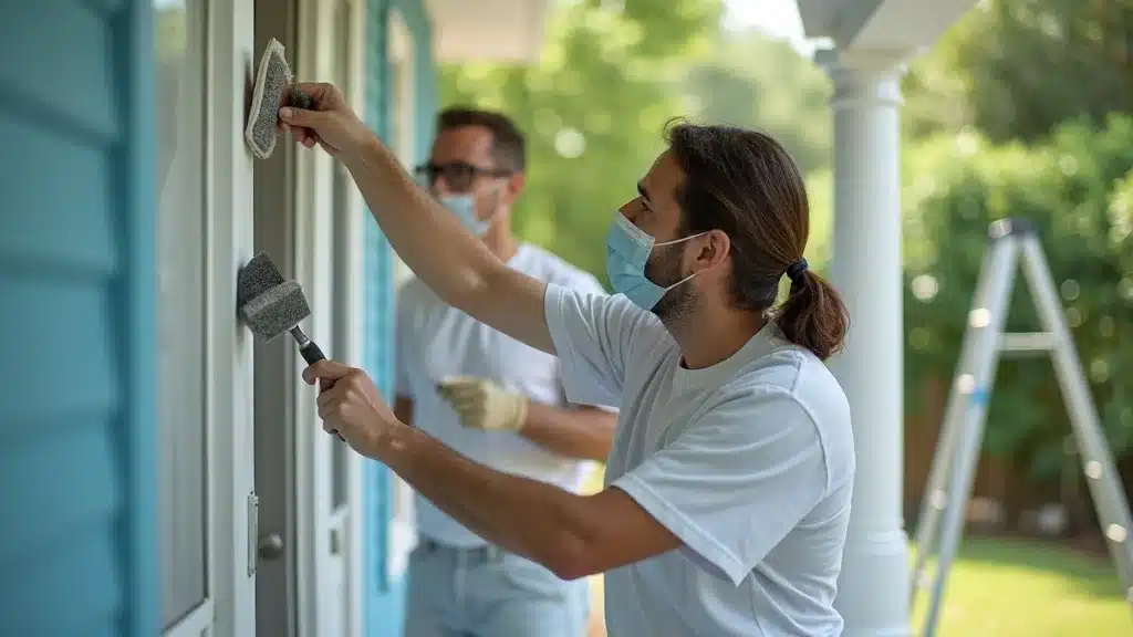 Professional painters prep a Columbia SC home's exterior for fresh paint, showing careful scraping and sanding