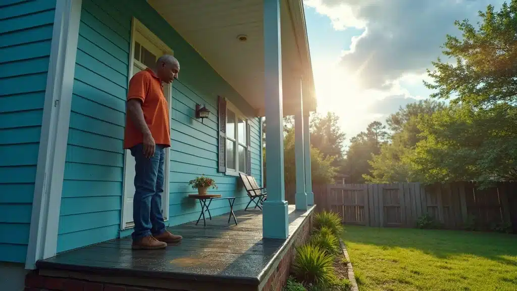 Concerned Columbia SC homeowner checks humid, sun-exposed painted exterior for weather damage