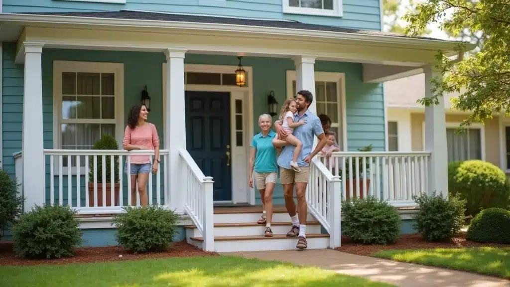Inviting freshly painted traditional Southern home exterior with a family on the porch, fresh coat of paint for curb appeal in Columbia SC