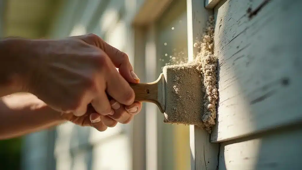 Close-up of hands prepping a house exterior for paint, proper prep for best time to paint your house in columbia sc