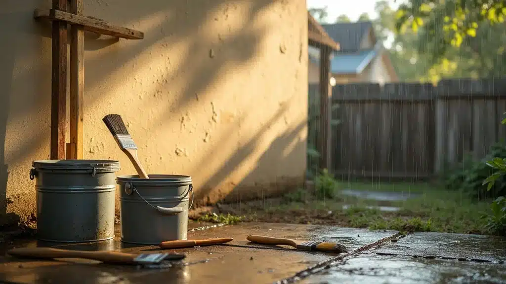 Split weather conditions in Columbia SC—paint buckets and brushes, sunny, humid, and rainy influencing best time to paint your house