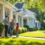 A man, woman, and young girl stand smiling together in front of a house on a sunny day, with neatly trimmed lawns, hedges, and a tree lining a suburban street.