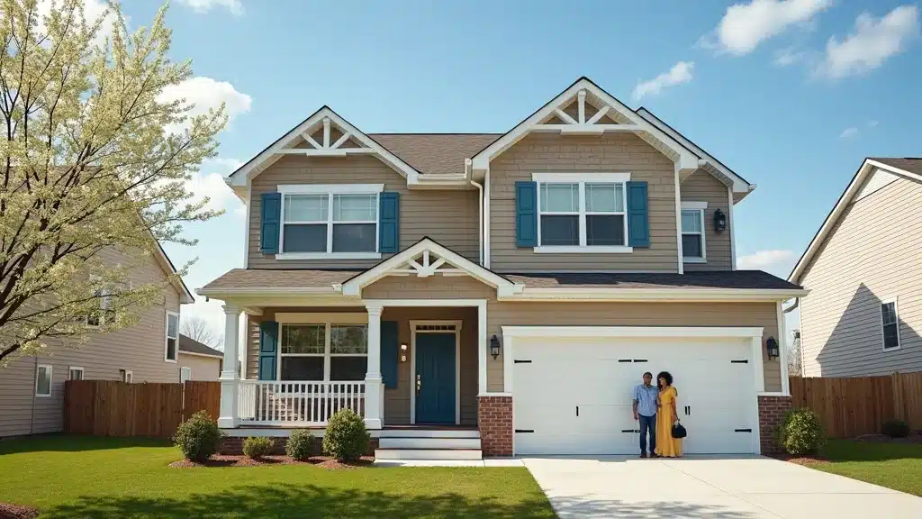 Inviting suburban Columbia SC home exterior with cheerful residents inspecting the facade in spring, best time to paint your house in columbia sc