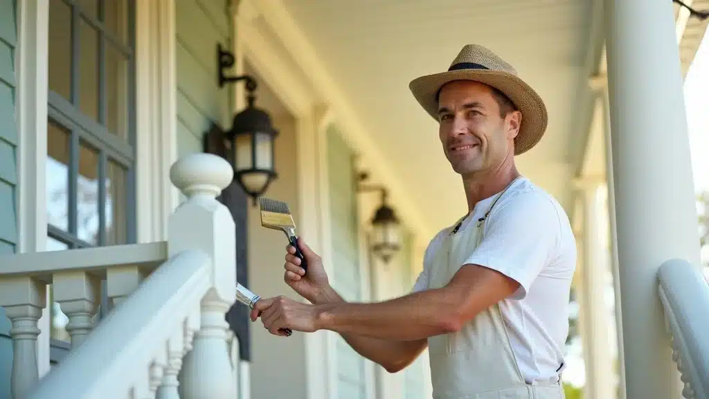 Satisfied painter applying a smooth second coat to a Columbia SC home for curb appeal
