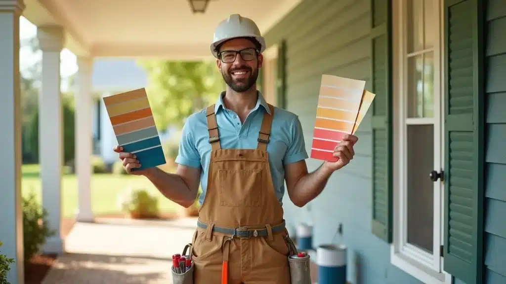 Professional painter displaying color swatches and exterior paint cans, best exterior paint for South Carolina weather