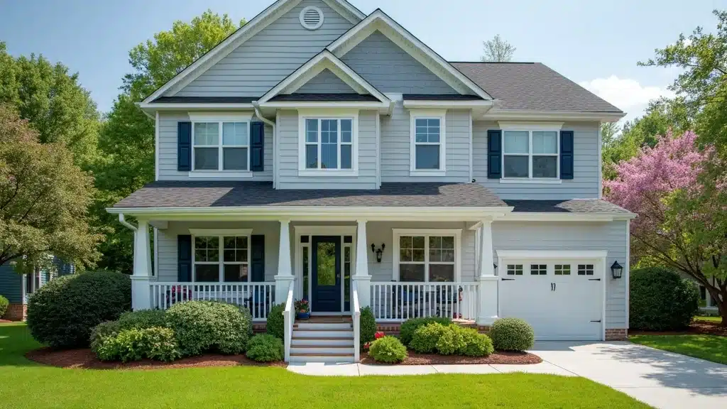 Vibrant freshly painted Columbia SC home exterior with bright modern paint and happy homeowners