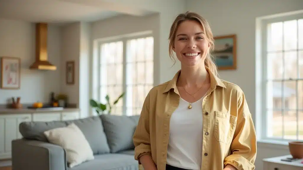Happy Columbia, SC homeowner admiring freshly painted interior, proud and content in upgraded living space with sunlight and South Carolina style accents.
