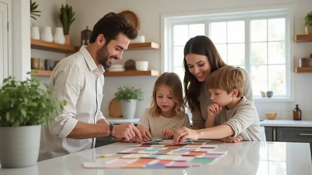 Modern Columbia, SC family selecting paint swatches for interior painting benefits — collaborative mood, detailed textures, colors spread on kitchen island, natural daylight.