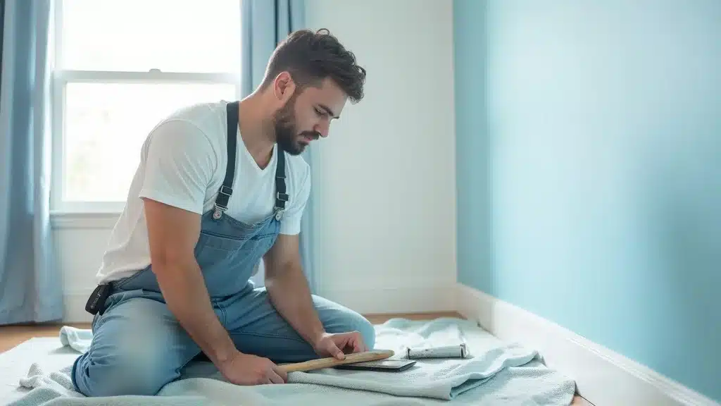 Skilled professional house painter applying even coat of paint in Columbia, SC bedroom, showcasing painting company expertise and attention to detail.
