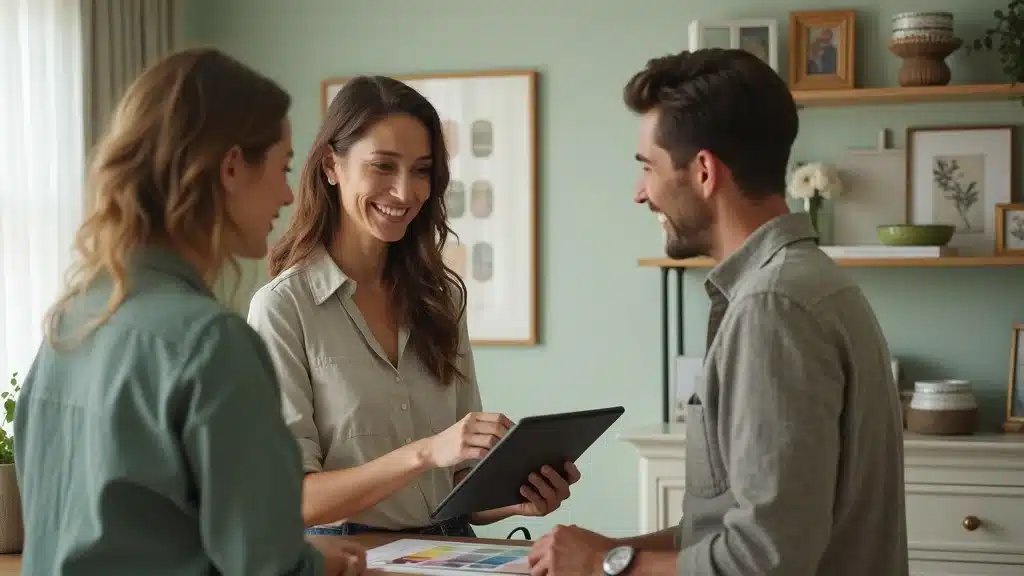 Columbia, SC interior paint consultant guiding homeowner through digital color palette for color consultation. High realism, welcoming home office setting.