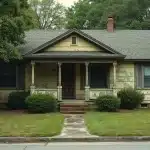 Worn yellow bungalow with peeling paint, a small front porch supported by columns, and a concrete path leading to brick steps.