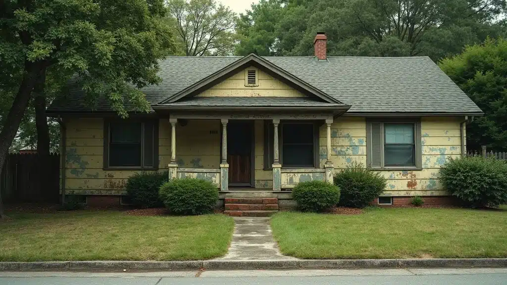 Weathered suburban Columbia SC home exterior with faded paint and patchy lawns