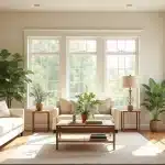 Bright living room with large windows, beige sofas, wooden coffee table, potted plants, a fireplace with decor, and artwork on the wall. Sunlight fills the space, creating a cozy and inviting atmosphere.