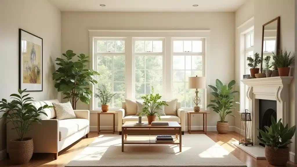 Bright and welcoming Columbia, SC living room interior — cheerful, spacious, and refreshed after a new professional paint job, featuring fresh walls and vibrant houseplants, high texture quality and natural lighting.