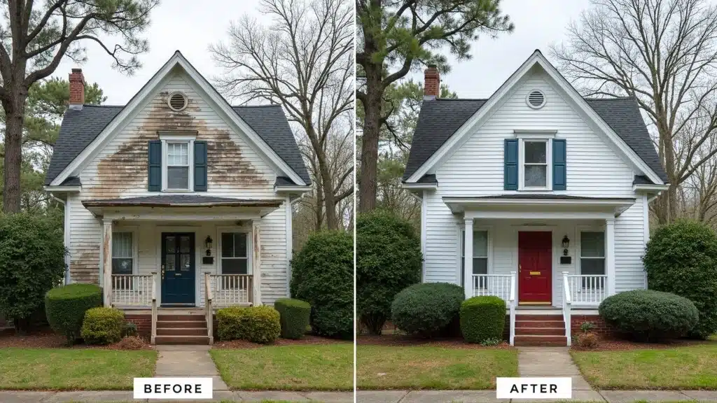 Side-by-side before and after comparison of Columbia SC house exterior paint job